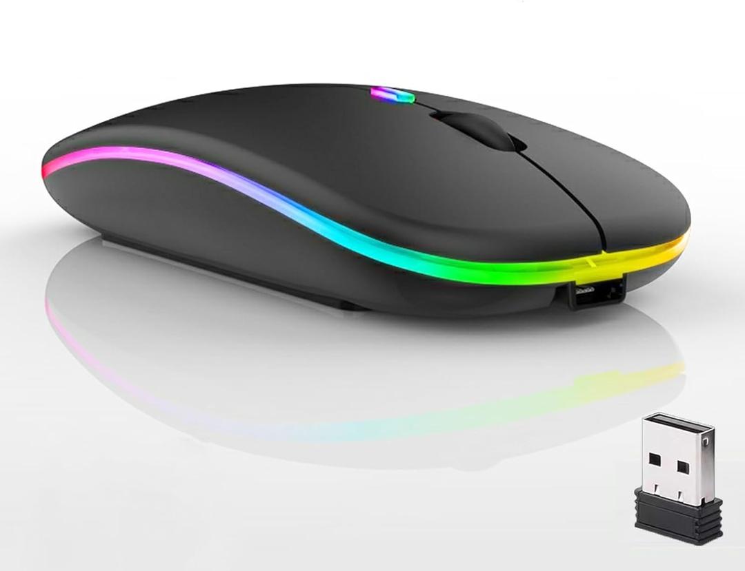 Guiheng Wireless Bluetooth Mouse, LED Dual Mode Rechargeable Silent Slim Laptop Mouse, Portable (BT5.2+USB Receiver) Dual Mode Computer Mice, for Laptop, Desktop Computer, ipad Tablet, Phone, TV (Black)