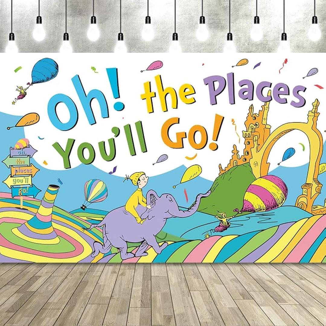 Banner Backdrop for Oh The Places You'll Go with 70.8''X43.3'',Large Party Decorations Photography Background for Kindergarten Preschool Graduation Supplies (Blue)