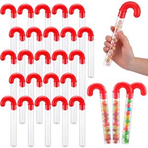 Lallisa 24 Pcs Large Christmas Candy Tubes 9.8 Inch Plastic Candy Container Clear Empty Candy Tube with Red Topper Christmas Party Supply Red Filled Holiday Stuffer Crutch Shaped for Christmas Party