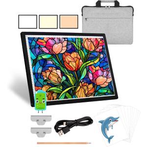 KEIWRLIGHT A3 Light Pad for Diamond Painting - Wireless Baterry 3 Colors Stepless Light Table 6 Levels Brightness Lightbox for Tracing and Drawing Diamond Painting, Art Tatto Artists Adults W/ Case