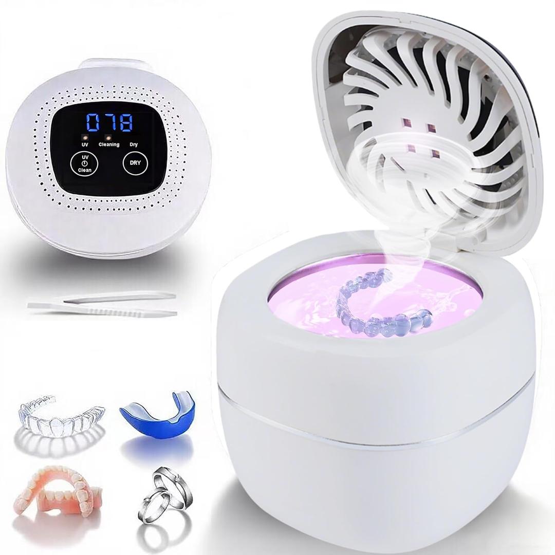 2025 Upgraded Ultrasonic Retainer Cleaner with Dryer Fan, 45kHz UV Ultrasonic Dental Cleaning Pod, Retainer Cleaner Machine for Dentures, Aligners, Mouth, Night Guards & Jewelry (White)
