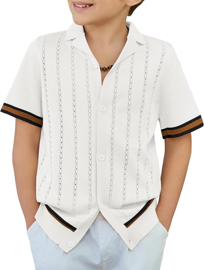 Arshiner Boys Knit Shirts Short Sleeve Button Down Shirt Vintage Fashion Casual Summer Beach Shirts for Kids 4-13 Years (9-10 Years, White)