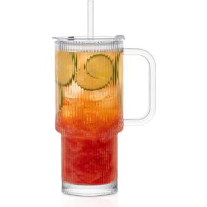 KEMORELA Large 26oz Clear Glass Mug with Handle and Sliding Lid  Aesthetic Ribbed Tumbler for Iced Coffee, Smoothies & Hot Drinks  Reusable Travel Cup with Straw, Dishwasher Safe (Ribbed Tumbler)