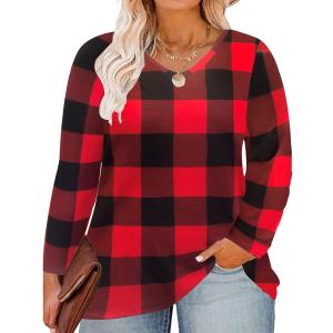 CARCOS Womens Plus Size Tops Long Sleeve Shirts V Neck Tunic Floral Blouses (3X-Large, Checkered)