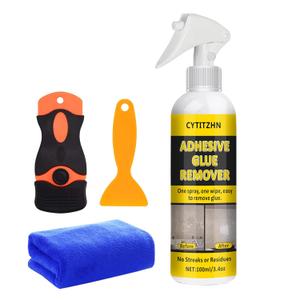 Adhesive Remover - Powerful Sticker & Glue Remover Spray for Cars, Removes Labels, Stickers, Decals, Tape Residue from Car Glass, Paint & Windows with Scraper, Razor Blades, and Towel - 3.4oz/100ml