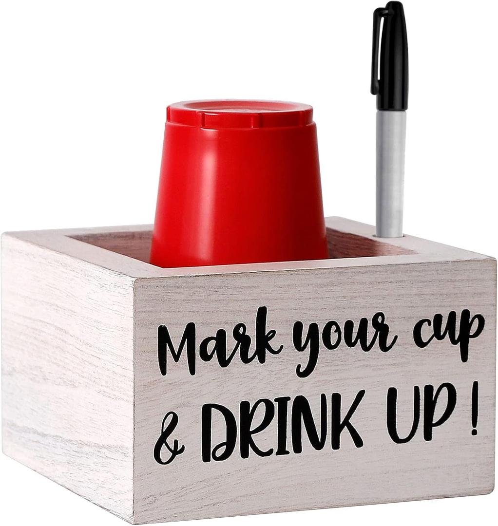 Single Cup Holder with Marker Slot Wooden Mark Your Cup and Drink Up Cup Holder Party Cup Organizer 2 Sides Designs Drink Dispensers for Parties Farmhouse Bar Party Decor Housewarming Hostess