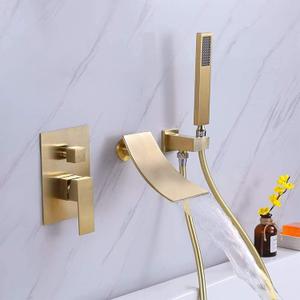 Wall Mount Bathtub Faucet with Handheld Shower, Brushed Gold Single Handle Bathroom Waterfall Tub Filler Solid Brass Tub Shower Faucet Set Rough-in Valve Trim Kit
