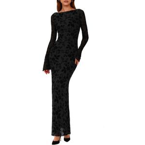 PRETTYGARDEN Women's Floral Bodycon Maxi Dress 2026 Spring Elegant Mesh Long Sleeve Formal Wedding Guest Cocktail Dresses (Black, Extra Small)