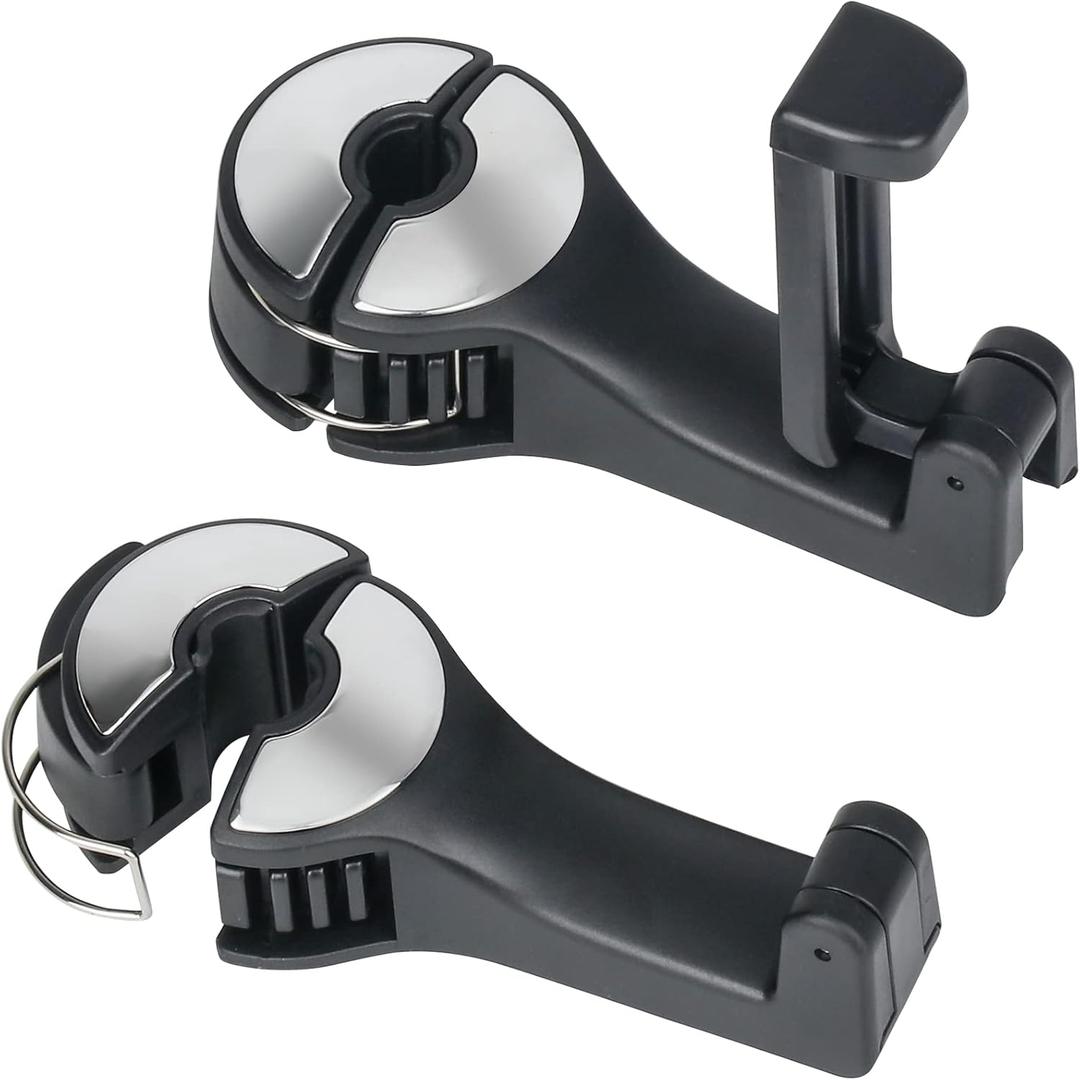 TOOVREN Upgraded 2 Pack Car Headrest Hidden Hook 2 in 1 Car Seat Hooks with Phone Holder for Purse, Backpacks, Toys, and Even Bottle Storage Organizer (Silver)