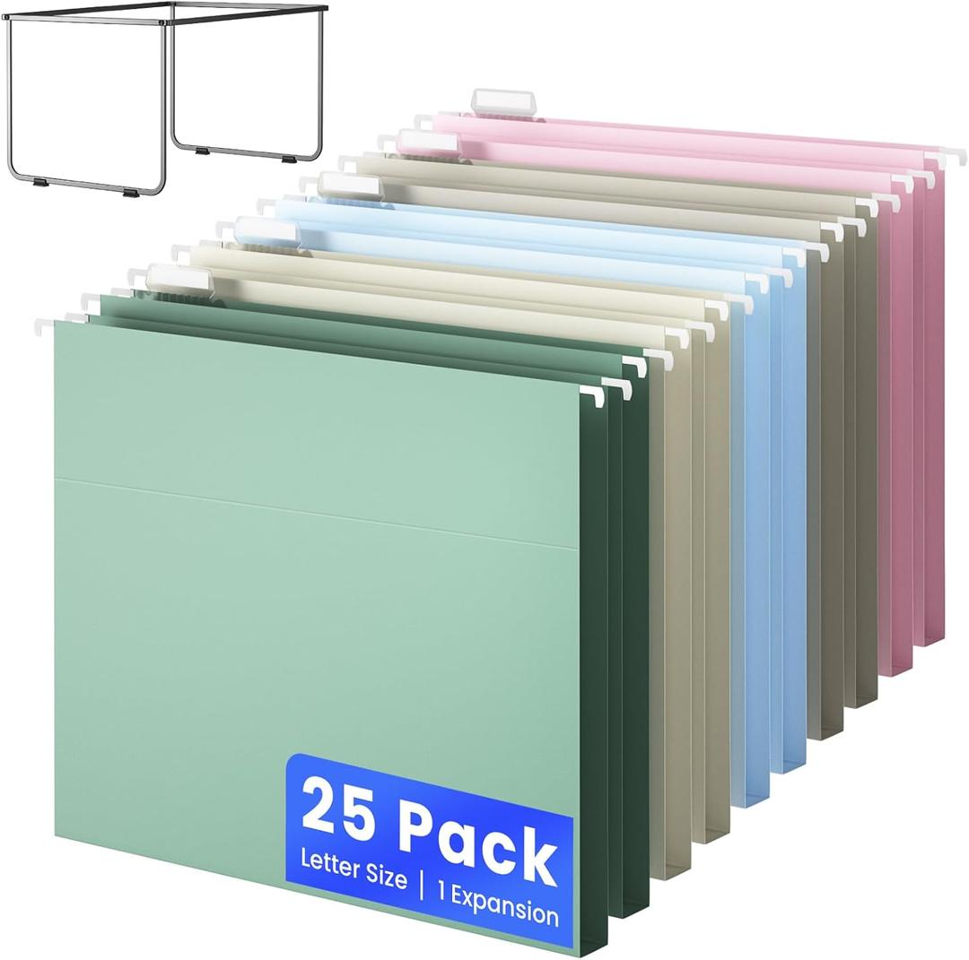 Hanging File Folders Letter Size, Metal File Frame with 25 Pcs Colored Hanging File Folders, 1'' Extension 1/5-Cut Tabs File Organizer Includes Hanging Folders for Desk Office Filing Cabinet