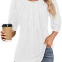 Ficerd Womens Puff 3/4 Sleeve Tunic Tops Crew Neck Floral Pleated Blouses Dressy Casual Loose Fit Shirts Size M