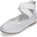 Hehainom Girls Dress Shoes Toddler Little Kids Gracy Ballet Mary Jane Ballerina Flats with Elastic Ankle Strap (Size 5 Big Kid, Silver Glitter)