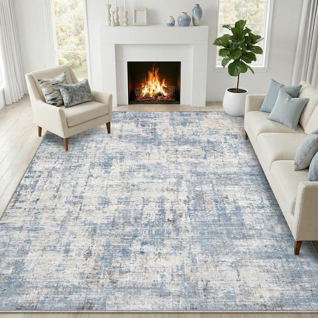 Area Rugs 10x14 Living Room Rug Washable No Slip Low Pile Soft Thickness Large Carpets Indoor Floor Covering for Bedroom Dining Modern Abstract Home Office Decor Blue