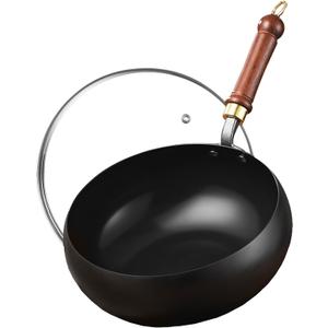 Carbon Steel Wok, Non-Stick Stir-Fry Pan with Glass Lid, Cooking Applications Such as Pan-Frying, Stir-Frying, Steaming, and Outdoor Camping, Compatible with All Stovetop Type (10.2 INCH)