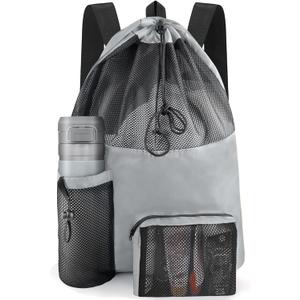 HOHOM Swim Mesh Beach Bag, Waterproof Gym Bags for Women and Men, Large Pool Bag Swimming Gear Drawstring Backpack (Slate Gray)