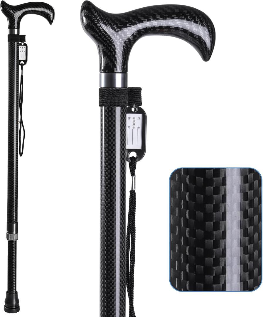 Carbon Fiber Walking Cane for Men and Women - 10 Height-Adjustable, Cane for Seniors Balance, Carbon Fiber Cane Ultralight 0.55 lb, Black Matte, 350 lbs Capacity(Black), 97 cm