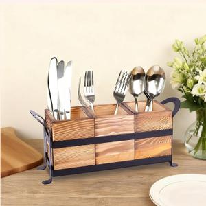 Wooden Silverware Caddy with 3 Detachable Compartments & Portable Handle - Farmhouse Countertop Organizer for Forks/Spoons/Knives, Cutlery Holder for Party, Kitchen & Dining