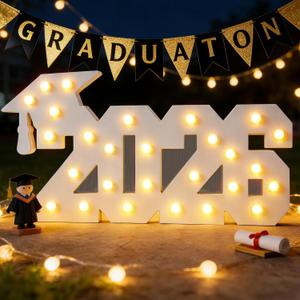 2026 Graduation Marquee Number Light – Wooden LED Light Up Sign with Graduation Cap, Class of 2026 Table Decoration for Preschool Kindergarten High School College Party Decor (2026)