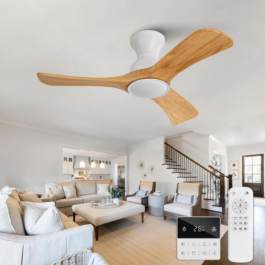 Flush Mount Ceiling Fans with Lights,36 inch,Remote Control,Wall Switch,Solid Wood Blades,Dimmable,Reversible Noiseless,Power Off Memory Modern Ceiling Fan for Bedroom Patio Indoor/Outdoor