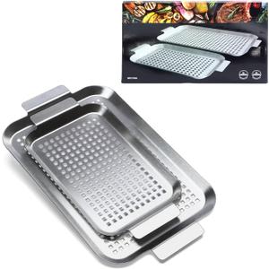 Grill Pan Set of 2, BBQ Grill Topper for Outdoor Grill, Stainless Steel Grilling Baskets with Holes and Handles, Perforated Food Tray Barbecue Accessories for Vegetable, Fish, Large