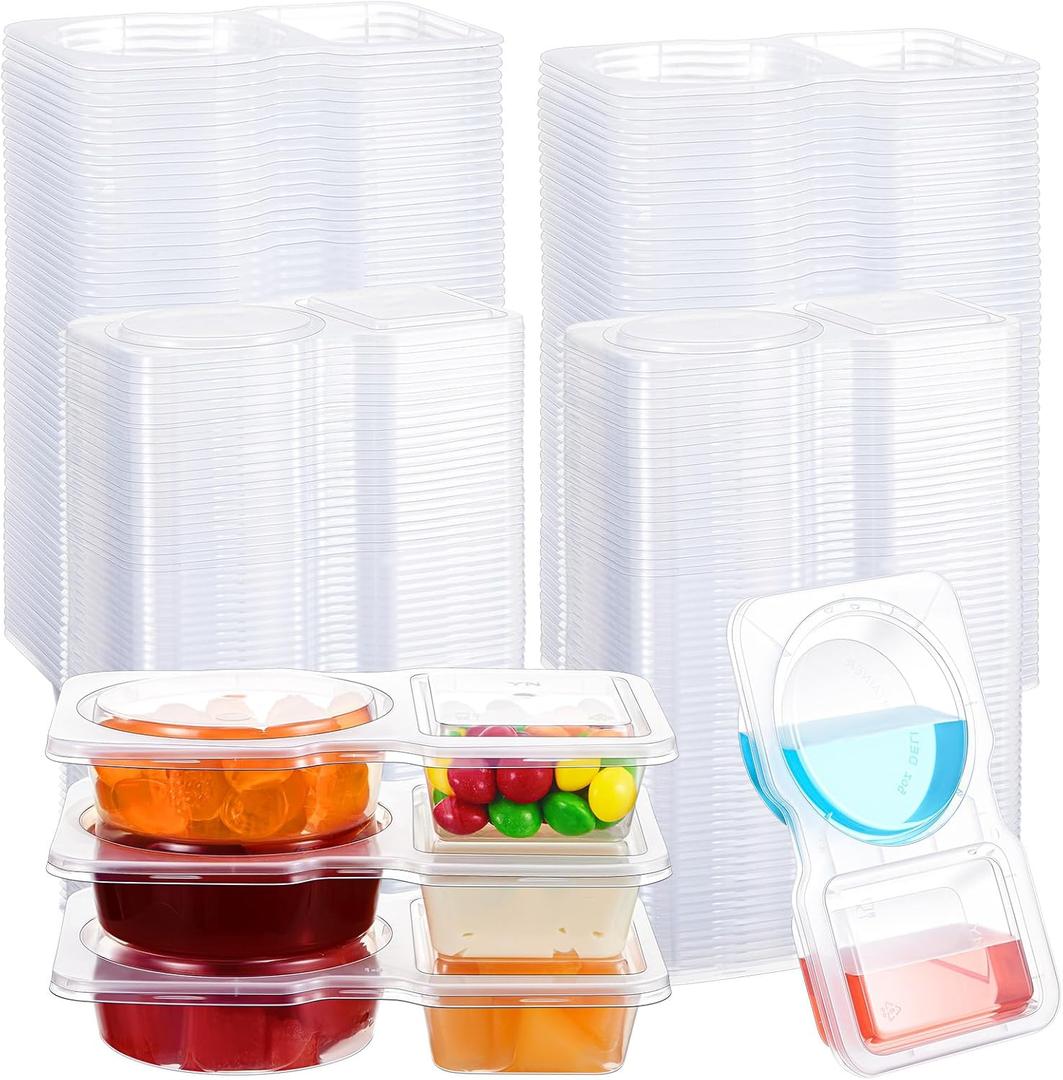 50 Pcs Pack Snack Containers with Lids, 5 oz Double Compartment Plastic Food Containers, Portable Divided Snack Cups for School, Office, Meal Prep, Sauces, Dips, On-the-go Camping (Clear)