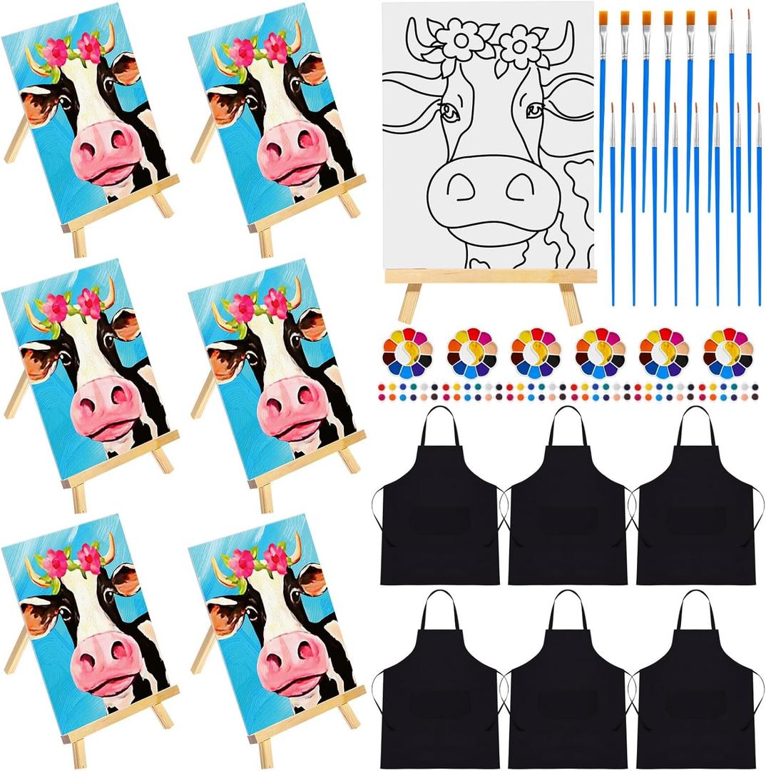 48 Pcs Pre Drawn Canvas Painting Set Sip and Paint Kit Pre Canvas for Adults Family Sip and Paint Party Favor DIY Virtual Party Gifts(Cow)