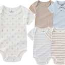 Baby Boy Girl Short Sleeve Bodysuits New Born 100% Cotton Clothes 5-Pack 0-12M (6-9 Months, Khaki+light Blue Lapel+card Stripe)