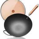 WANGYUANJI Carbon Steel Wok Pan, 13.4" Woks & Stir-Fry Pans with Glass Lid No Chemical Coated Flat Bottom Iron Wok for Induction, Electric, Gas, Halogen All Stoves
