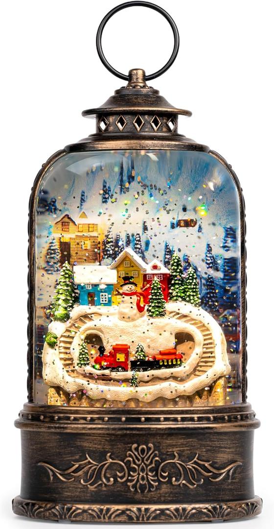 Christmas Snow Globe Lantern Water Glittering Snowman & Train with Music & Timer, USB Lined/Battery Operated Lighted Lantern for Christmas Festival Decoration Gifts