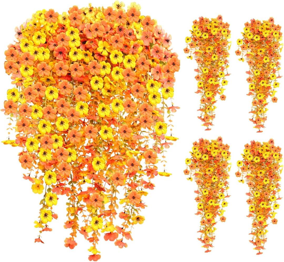 8PCS Hanging Fake Mums for Fall Decor,UV Resistant Artificial Flowers,Faux Mums for Outdoor Planters,Fall Flowers Artificial Decorations for Porch, Patio (OrangeYellow)