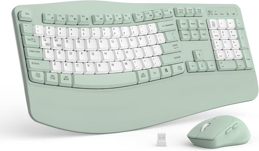 Wireless Keyboard and Mouse Combo,2.4G Full Size Wave Keys Ergonomic Keyboard with Wrist Rest for Natural Typing, 3 DPI Adjustable Ergonomic Mouse for Computer/Laptop/Windows/Mac (Avocado Green-B)