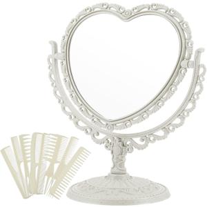 CHENGU Heart Shaped Mirror 8 Pieces Hair Styling Combs Double Sided Rotatable Dresser Heart Mirror Makeup Gifts for Girls Gift Vanity Tabletop (Creamy White)