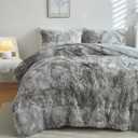 Wajade Faux Fur Plush White Comforter Set Fluffy Fuzzy Shaggy Bedding Set - 3PC Full/Queen Microfiber Soft Warm Quilt Set (Tie Dye Grey White, Full)