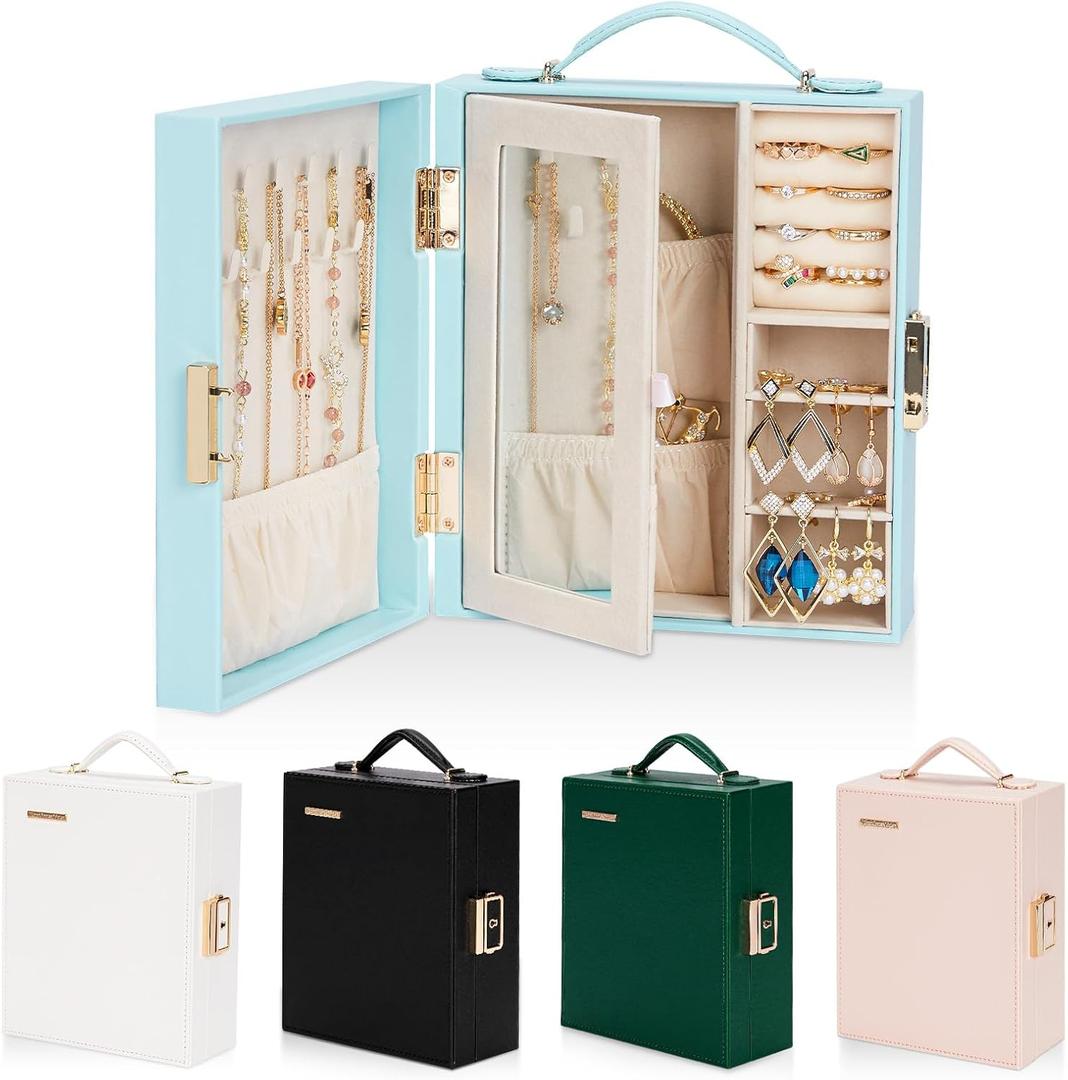 Travel Jewelry Case, Essentials for vacation, Portable Bangle Box with Mirror, PU Leather Small Watch Organizer for Rings, Earrings, Necklaces, Bracelets (Blue)