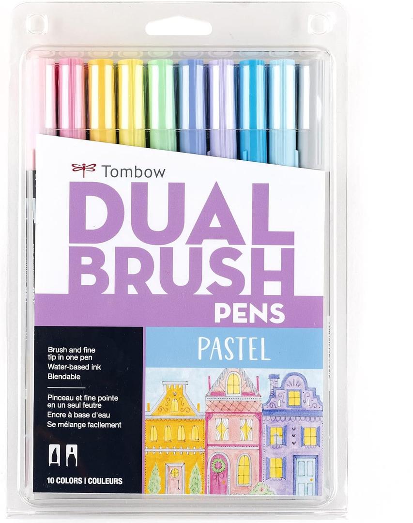 Tombow 56187 Dual Brush Pen Art Markers, Pastel, 10-Pack. Blendable, Brush and Fine Tip Markers