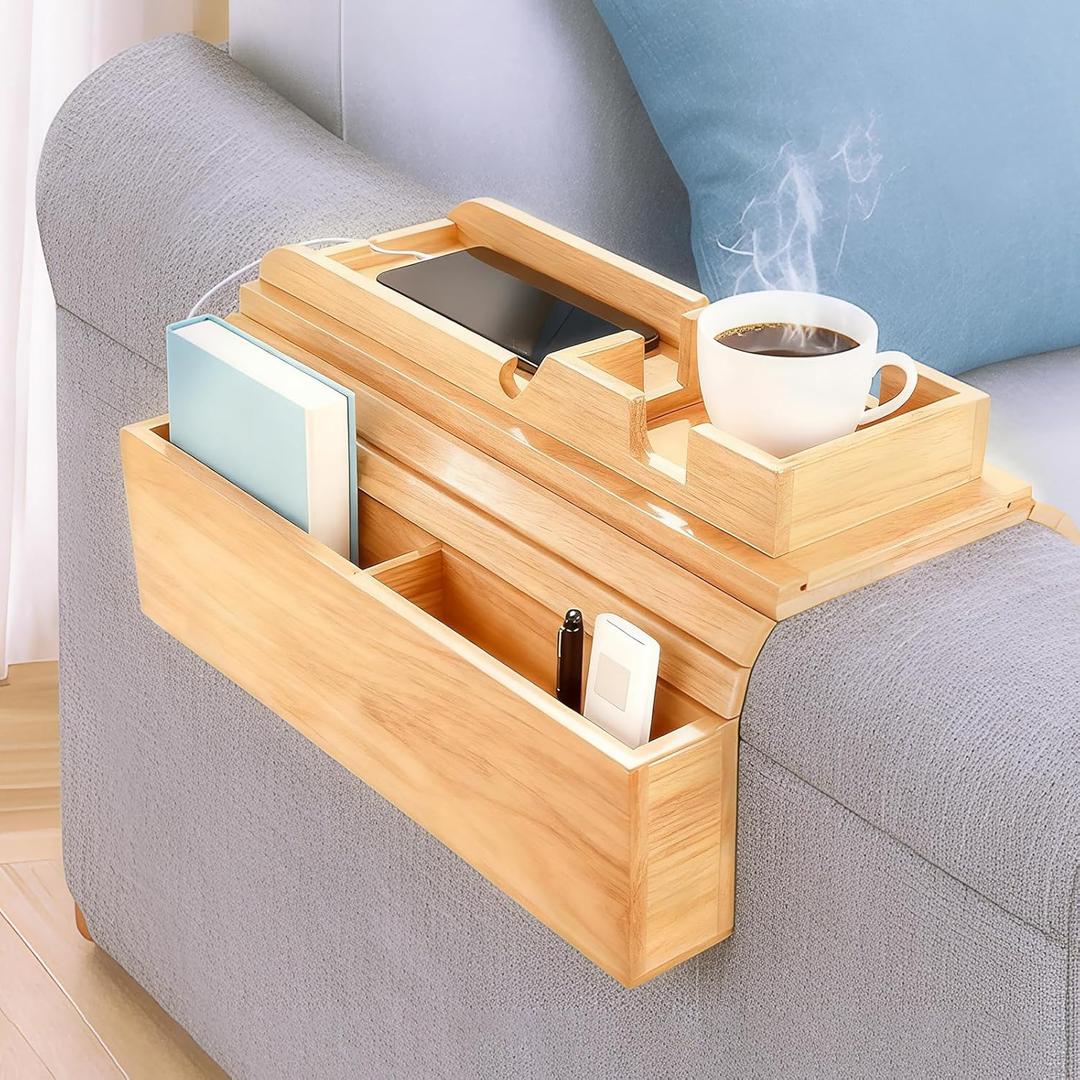 Weraher Bamboo Couch Arm Tray Sofa Armrest Tray Cup Holder,2in1 Couch Armrest Tray with Slide Detachable Tray,Couch Caddy,Slip Foldable Sofa Table,Phone Stand,Book Holder (Bamboo)