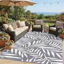 Smiry Outdoor Rug 8x10 ft Waterproof Reversible Leaf Mat, Grey & White
