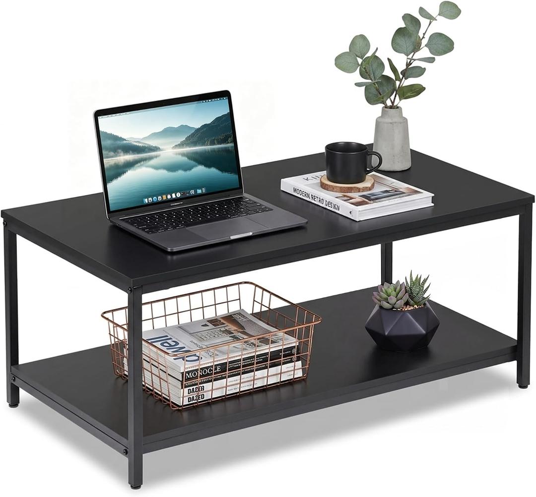  2-Tier Coffee Table with Storage Shelf for Small Apartment Living Room, Rectangle Wood and Stable Metal TV Stand Side End Table, Black