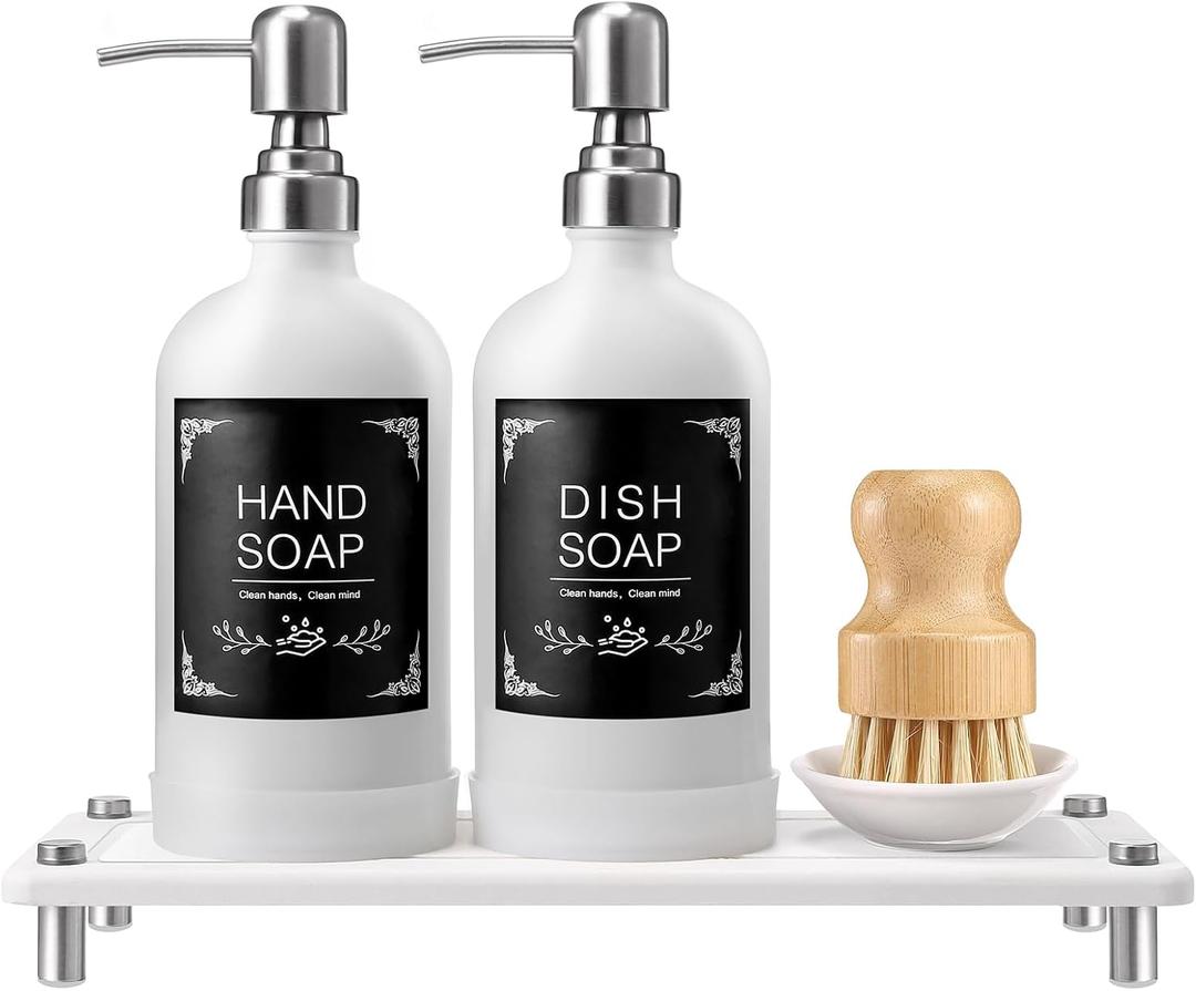 Kitchen Soap Dispenser Set, 16Oz White Glass Dispenser with Stainless Steel Pump, Instant Dry Tray, Waterproof Labels, Non-Slip Silicone Pad, Luxury Soap Dispenser Set for Kitchen, Bathroom