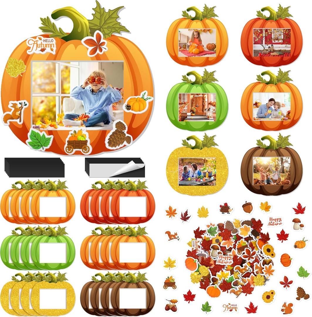Fovths 24 Pack Fall DIY Foam Picture Frames Craft Kit Thanksgiving Autumn Pumpkin Photo Frame Ornaments with 300 Stickers for Thanksgiving Gifts Holiday Home Party Activities