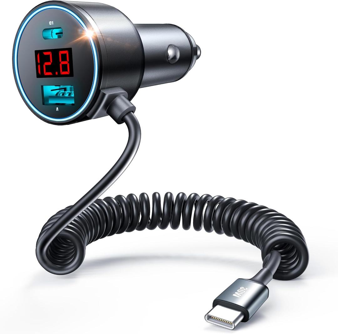 USB C Car Charger, 75W Metal 3-Port Super Fast Car Charger Adapter PD & QC3.0 Built-in 6ft Type C Coiled Cable for Samsung Galaxy S22/21 iPhone iPad Pro Pixel Android Phones