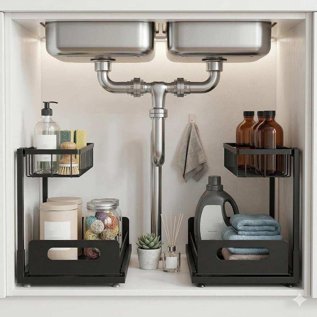 Sturdy Metal Under Sink Organizer 2 Tier, Pull Out Drawer Slides Under Sink Storage for Bathroom Kitchen, Multi-Purpose Iron Under Cabinet Organizer for Cleaning Supplies (Black, 2 Pack)