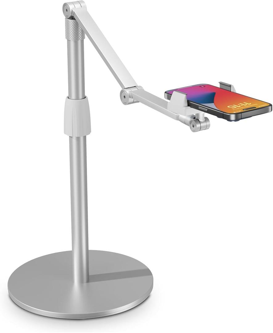 Phone Overhead Stand, Upgarde Cell Phone/Tablet Holder, Multiangle, 3-Part Adujustable,Horizontal Record,Compatible with 3.5-11" Cellphone/Tablet/iPad/iPhone, Silver