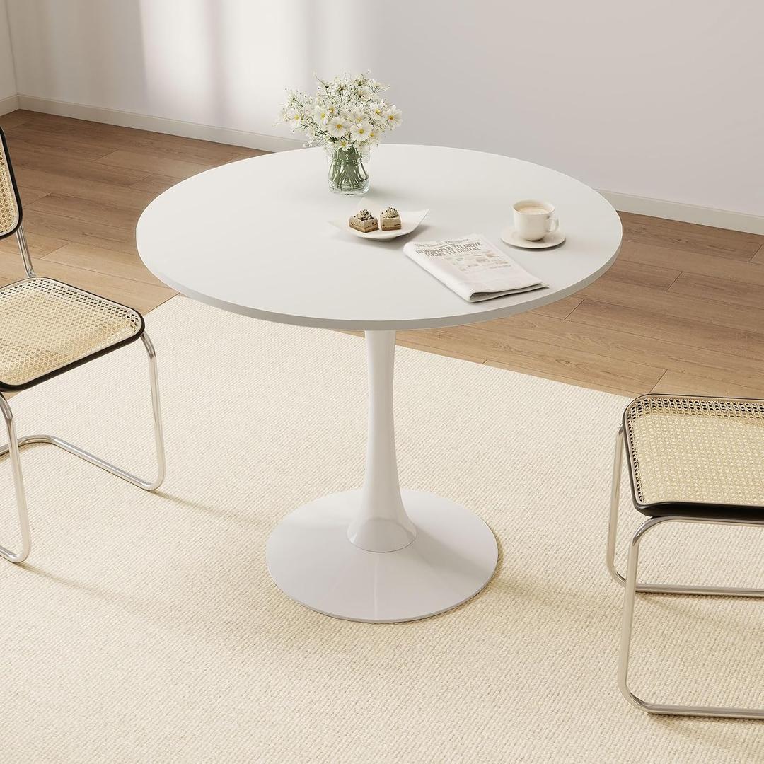 27.5" White Round Dining Table - MDF Top & Metal Pedestal Base - Modern Accent Table for Small Spaces, Kitchen, Dining Room & Living Room, 27.5"D x 27.5"W x *29"H