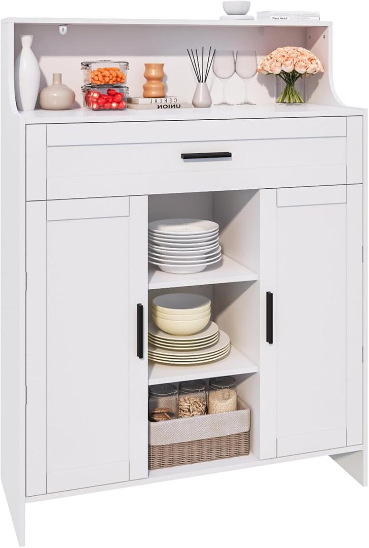 Storage Cabinet with Doors and Drawers, Kitchen Storage Cabinet with 1 Large Drawer,2 Doors,and 2 Adjustable Shelves,for Bathroom/Kitchen/Living Room/Entrance Hall (White)