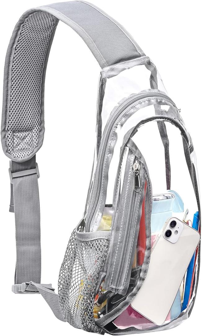 Clear Sling Bag, Stadium Approved PVC Crossbody Backpack, Clear Casual Chest Daypack for Hiking, Stadium or Concerts (Grey)