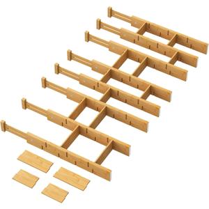 kiplant Bamboo Drawer Dividers - Adjustable Drawer Dividers for Clothes, Kitchen, Closet & Office - 8 Pack with Inserts, 18-22.6 Inches, Non-Slip Silicone Ends (Large, Natural)