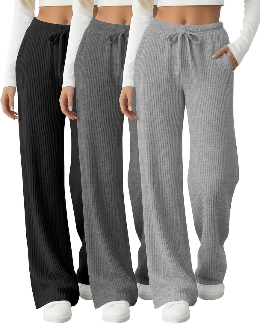 3 Pack Women's Ribbed Knit Lounge Pants Comfy Wide Leg Slacks with Pockets Loose Yoga Sweatpants Casual Joggers XXL
