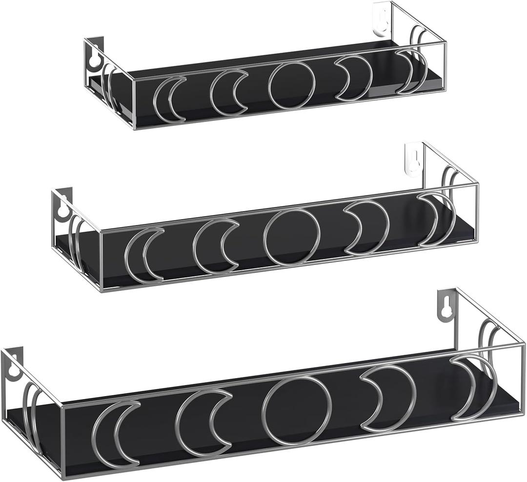Moon Phase Wall Shelves Black Silver, 3 Pack Small Floating Book Plant Shelves for Bedroom Kid Room, Decorative Storage Display Shelf for Crystal Figurine Collectibles