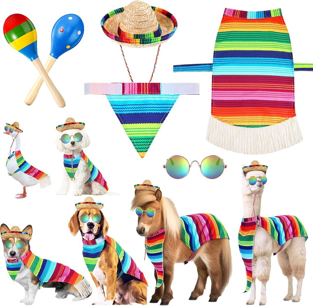Abbylike 5 Pcs Mexican Dog Miniature Horse Alpaca Yard Goose Costume Set Include Rainbow Poncho Sombrero Hat Pet Sunglasses Maracas for Cinco De Mayo, Day of The Dead, Mexican Theme Party(Large)